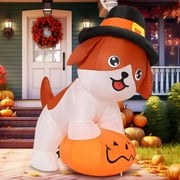 GOOSH 5.2 FT Tall Thanksgiving Inflatables Dog with Pilgrim Hat, Cute Puppy Standing on Pumpkin with Pilgrim Hat with Built-in LEDs, Outdoor Thanksgiving Inflatables Clearance for Garden Party Decor