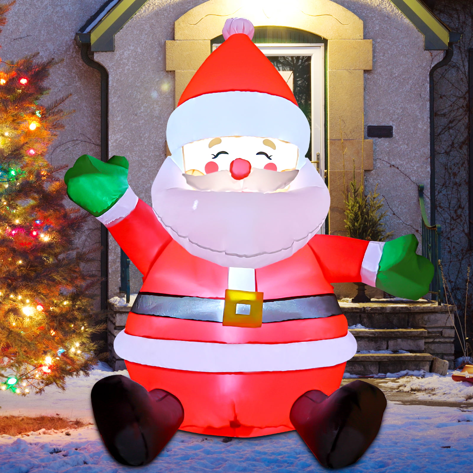 GOOSH 5 FT Christmas Inflatable Outdoor Sitting Santa Claus Happy ...