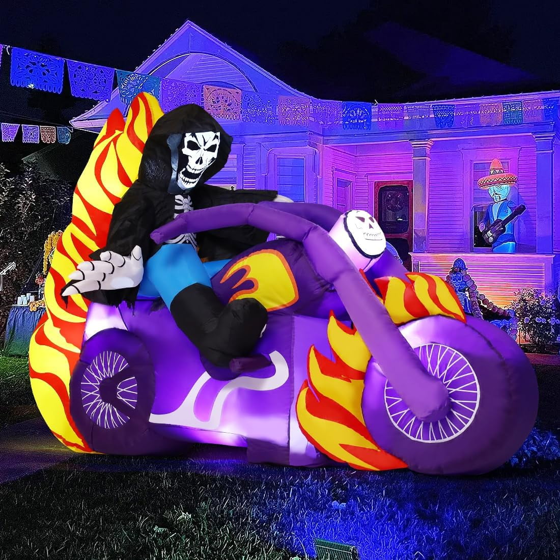 GOOSH 6 FT Halloween Inflatables Outdoor Grim Reaper on The Motorcycle