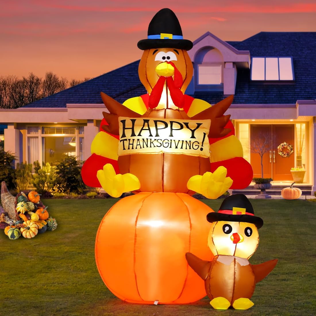 GOOSH 6 FT Height Thanksgiving Inflatables Turkey on Pumpkin & Little Turkey Blow Up Yard