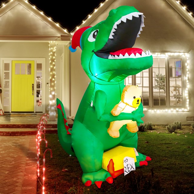 GOOSH 7FT Green Dinosaur Christmas Inflatable Cute Christmas Dinosaur