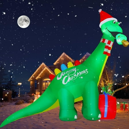 GOOSH Christmas Inflatables 11.8 FT Christmas Dinosaur Inflatable Wearing Hat, Giant Green Dinosaur and Gift Box with Built-in LEDs, Outdoor Christmas Decorations Inflatable Dinosaur for Xmas Holiday