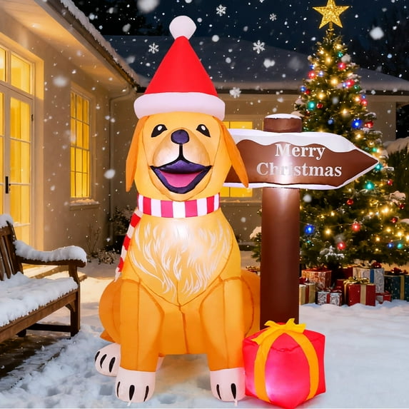 GOOSH Christmas Inflatables 5 FT Christmas Dog Inflatable with Built-in LED Lights, Blow up Christmas Dog Seating beside Signpost and Gift Boxes, Outdoor Christmas Decorations for Xmas Holiday Party