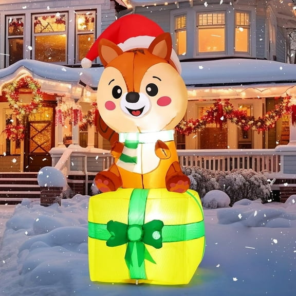 GOOSH 5 FT Christmas Inflatable Outdoor Squirrel Inflatable with Built-in LED Lights, Cute Christmas Inflatable Animal Sitting on Gift Box, Inflatable Christmas Outdoor Decoration for Xmas Holiday