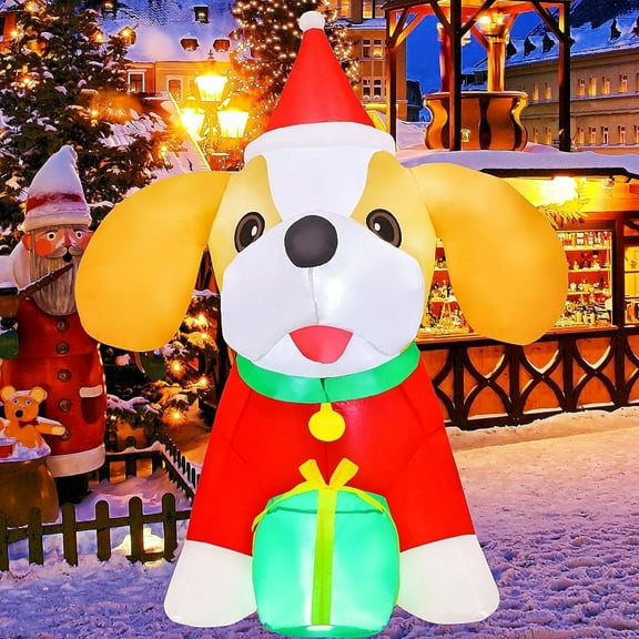 GOOSH Christmas Inflatables 5 FT Inflatable Christmas Dog Wearing Hat with Gift Box, Cute Christmas Dog Inflatable Blow Up Puppy with LED Lights, Outdoor Christmas Decorations for Xmas Holiday Party