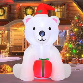 GOOSH Christmas Inflatables 5 FT Polar Bear Blow up with LED Lights, Cute Inflatable Polar Bear Holding Present, Outdoor Christmas Decorations Polar Bear Inflatable for Xmas Holiday Party