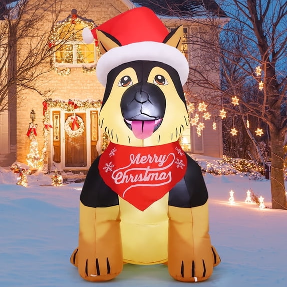 GOOSH Christmas Inflatables 5 FT Shepherd Inflatable with LED Lights, German Shepherd Blow Up Inflatable Christmas Dog with Santa Hat & Scarf, Outdoor Christmas Decorations for Xmas Holiday Party