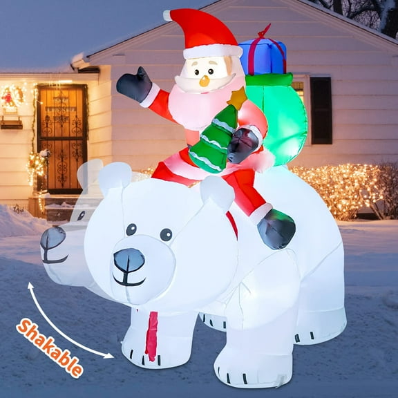 GOOSH Christmas Inflatables 6.6 FT Inflatable Santa Clause Riding Shaking Head Polar Bear, Cute Inflatable Santa Claus Carrying Gifts with LED Lights, Outdoor Christmas Decorations for Xmas Holiday