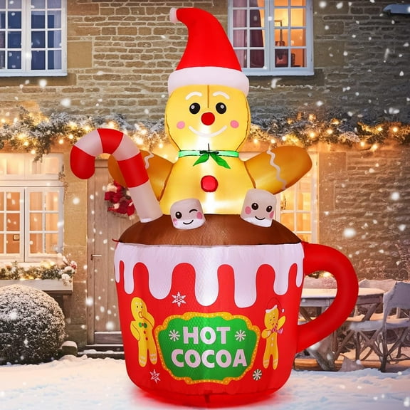 GOOSH Christmas Inflatables 6 FT Gingerbread Man Decorations, Inflatable Gingerbread Man Sitting in Hot Cocoa Mug Scene with Built-in LEDs, Outdoor Christmas Decorations for Xmas Holiday Party