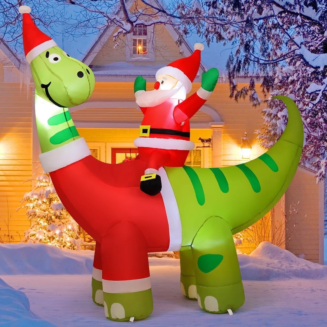 GOOSH Christmas Inflatables 6 FT Tall Inflatable Santa Claus Riding Dinosaur with Built-in LEDs, Blow up Dinosaur Inflatable Dinosaur, Outdoor Christmas Decorations Dino Inflatable for Xmas Holiday