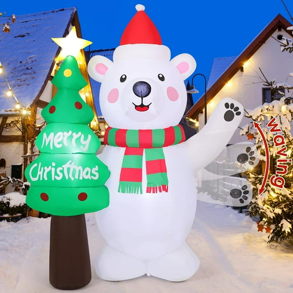 GOOSH Christmas Inflatables 7 FT Waving Polar Bear Inflatable and Christmas Tree with Built-in LED Lights, Blow up Polar Bear Wearing Christmas Hat, Outdoor Christmas Decorations for Xmas Holiday