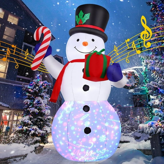 GOOSH Christmas Inflatables 8 FT Snowman Inflatable with Built-in Music & 360° Rotation LED Lights, Blow Up Snowman with Candy Cane and Gift Box, Outdoor Christmas Decorations for Xmas Holiday