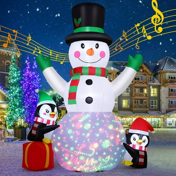 GOOSH Christmas Inflatables 8 FT Snowman Inflatable with Built-in Music Box & Rotating Colorful LED Lights, Cute Blow up Snowman with Penguins, Outdoor Christmas Decorations  for Xmas Holiday
