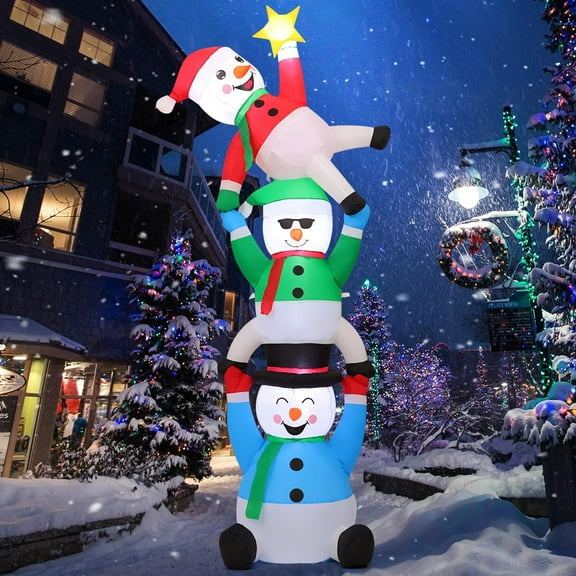 GOOSH Christmas Inflatables 8 FT Christmas Snowman Inflatable with Built-in LED Lights, Blow Up Three Snowman Pick Stars, Outdoor Christmas Decorations for Xmas Holiday Party