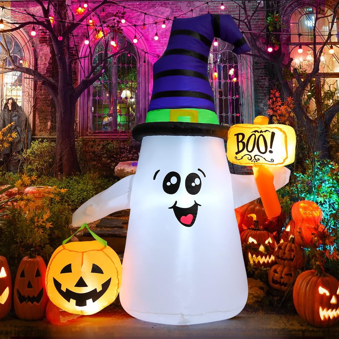 GOOSH Halloween Inflatable 5 FT Blow Up Ghost Inflatable with Pumpkin, Halloween Inflatables Ghost Cute Outdoor Ghost Decorations, Halloween Blow Up Decorations Clearance for Holiday/Garden/Lawn