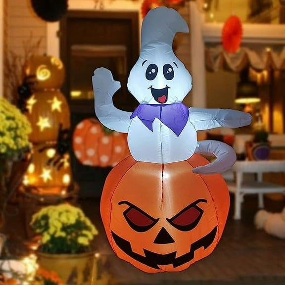 GOOSH Halloween Inflatables 5 FT Inflatable Ghost with LED Lights Built-in, Halloween Ghost Inflatable with Pumpkin, Outdoor Halloween Decoration Ghost Blow up for Holiday Party Indoor Outdoor