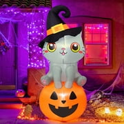 GOOSH Halloween Inflatable 6 FT Inflatable Halloween Cat Sitting on Pumpkin, Halloween Inflatable Cat Pumpkin with LED Lights, Funny Outdoor Halloween Decorations for Halloween/Holiday/Party