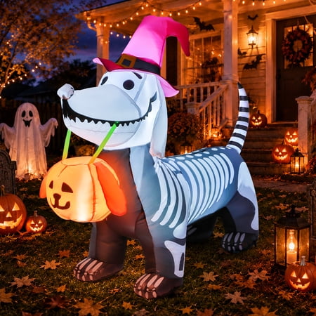 GOOSH Halloween Inflatables 5.7 FT Halloween Inflatable Dog with Build-in LEDs, Inflatable Skeleton Dachshund Dog Halloween Skeleton Puppy Inflatable, Outdoor Halloween Decorations for Holiday Party