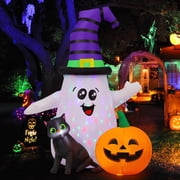 GOOSH Halloween Inflatables 5 FT Halloween Ghost Inflatable with LED Lights, Cute Ghost Blow Up with Wizard Hat Pumpkin Black Cat, Outdoor Halloween Decorations for Halloween Holiday Indoor Outdoor
