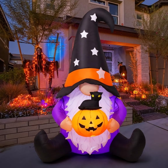 GOOSH Halloween Inflatables 5 FT Tall Inflatable Gnome Holding Pumpkin Black Cat with LEDs, Halloween Gnome Inflatables Blow up Gnome, Outdoor Halloween Decorations for Halloween Holiday Party