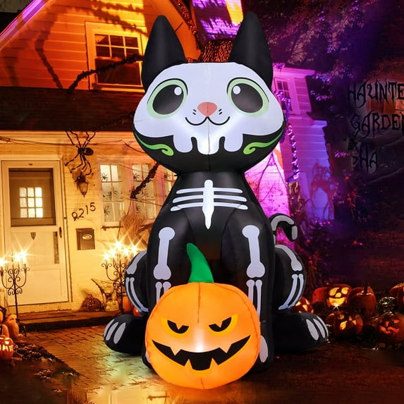 GOOSH Halloween Inflatables 5 FT Black Cat Inflatable with LED Lights, Halloween Black Cat Inflatable Holding Pumpkin, Outdoor Halloween Decorations Skeleton Cat Inflatable for Holiday Party