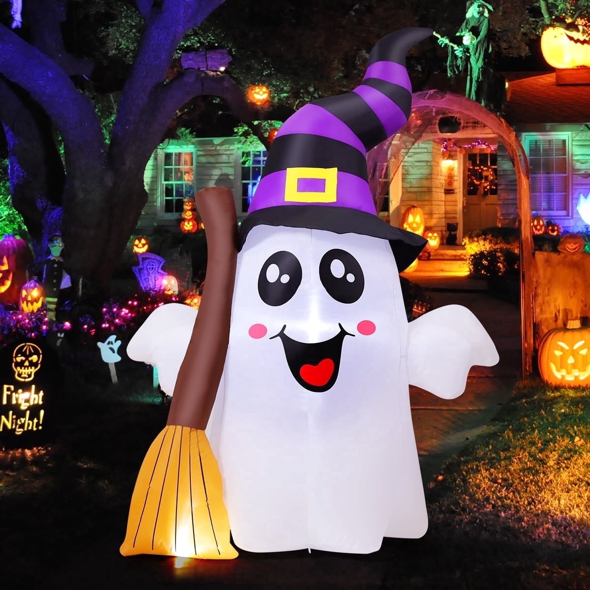 GOOSH Halloween Inflatables 6 FT Halloween Ghost Inflatable Grasping Broom with LED Lights, Blow up Ghost Cute Inflatable Ghost, Outdoor Halloween Decorations f
