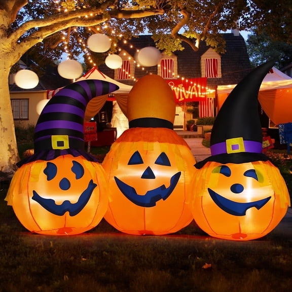 GOOSH 6.5 FT Halloween Inflatable Pumpkin Trio Wearing Hats, Scary Blow up Pumpkin with Built-in LED Lights, Outdoor Halloween Decorations Pumpkin Inflatable for Halloween Holiday Party