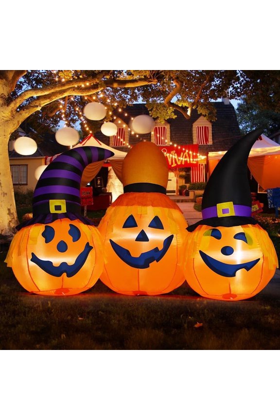 6.5 FT Halloween Inflatable Pumpkin Trio Wearing Hats, Scary Blow up Pumpkin with Built-in LED Lights, Outdoor Halloween Decorations Pumpkin Inflatable for Halloween Holiday Party