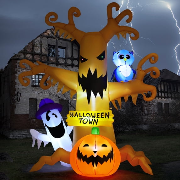 GOOSH Halloween Inflatables 8 FT Halloween Inflatable tree with Ghost Pumpkin and Owl, Halloween Dead Tree Decorations Scary Halloween Decorations with Built-in Lights for Halloween/Holiday/Party