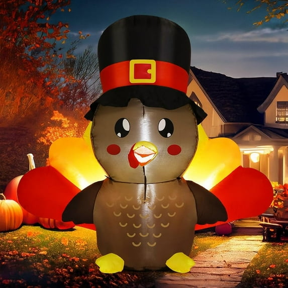 GOOSH Thanksgiving Inflatable 5 FT Tall Blow Up Turkey Baby Wearing Hat with Colorful Tail Feathers, Turkey Blow Up Inflatable with Lights, Inflatable Thanksgiving Decorations Clearance for Holiday