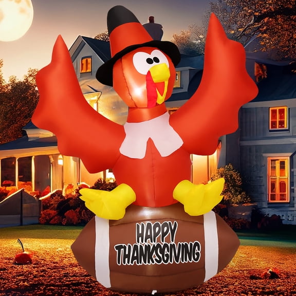 GOOSH Thanksgiving Inflatable 5 FT Thanksgiving Turkey Inflatable Standing on Rugby, Thanksgiving Inflatable Turkey with Lights, Thanksgiving Outdoor Decorations blow up turkey for Holiday/Fall