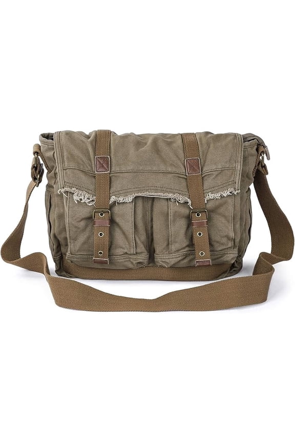 Canvas Messenger Bag - Vintage Shoulder Bag Frayed Style Boho Purse, Olive