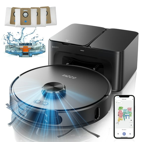 GOOVI Robot Vacuum and Mop Combo with 3D Home Mapping, Self-Emptying Base for 70 Days, 220 Mins Runtime, Black