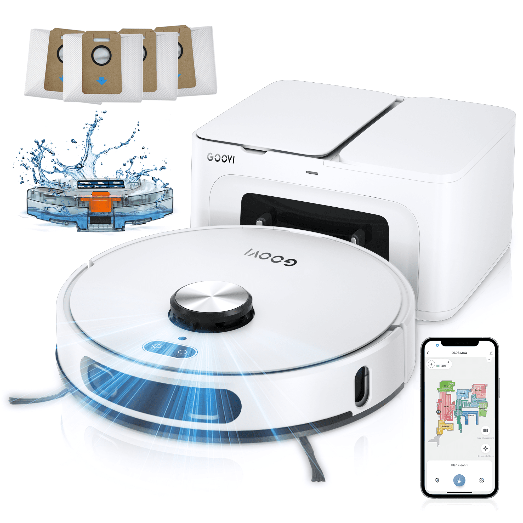 GOOVI Robot Vacuum and Mop Combo with 3D Homp Mapping, Self-Emptying Base for 70 Days, 220 Mins Runtime, White - Walmart.com