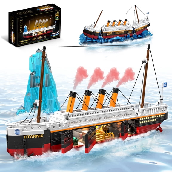 GOQI 2 in 1 Titanic Building Set, Titanic Big Ship Model Building Kit with Lights Bricks and Glacier, 1928 Pieces STEM Construction Toy for Teens Boys Ages 8-14+