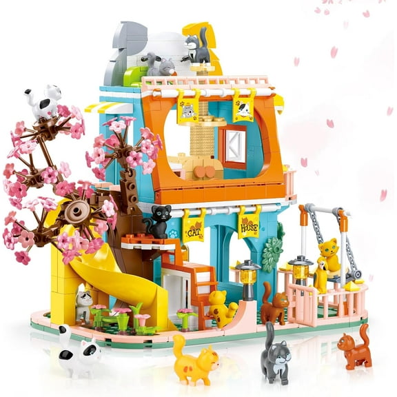 GOQI Cute Cat House Toy Building Set for Adult, Compatible with Lego Friend, 521 PCS Friendship House Building Blocks Kit with Animals, Ideas Birthday Gift for Teen Boys