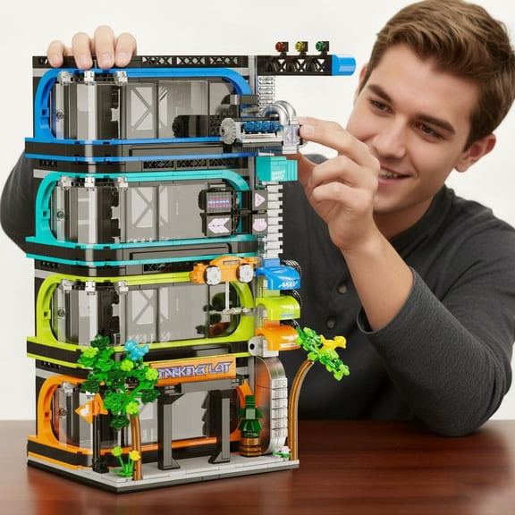 GOQI Future City Parking Tower Toy Building Set, Compatible with Lego Garage and City Mini Cars (6-Stud Wide), Modular Four-Story Architecture Set for Adults & Teens (1144 Pieces)