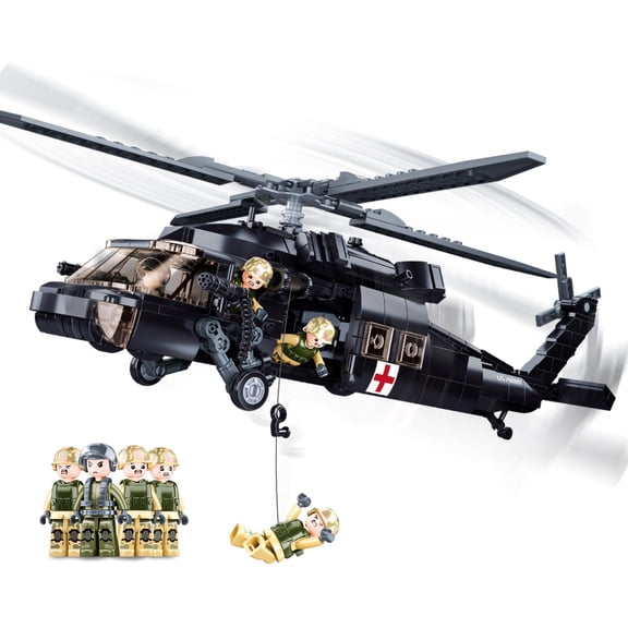 GOQI UH-60 Black Utility Helicopter Building Set for Adults, Compatible with Lego Military Army Airplane, Hawk Plane Model Kit with 4 Soldier Figures, Birthday Gift Toys for 8-14 Boys Kids (692 PCS)