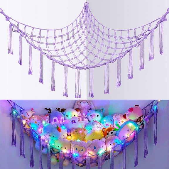 GOR Stuffed Animals Net or Hammock with LED Light, Hanging Stuffed Animals Storage Toy Hammock Net Corner Wall Girls Room Decor Toy Storage Organizer, Purple, L