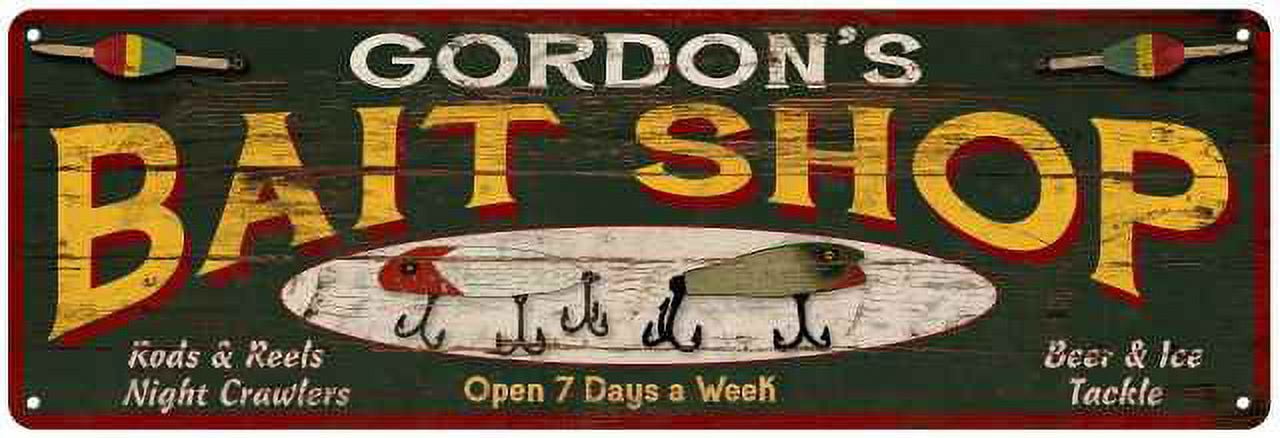GORDON'S Bait Shop Sign Wood Look Man Cave Den Gift 6x18 Metal