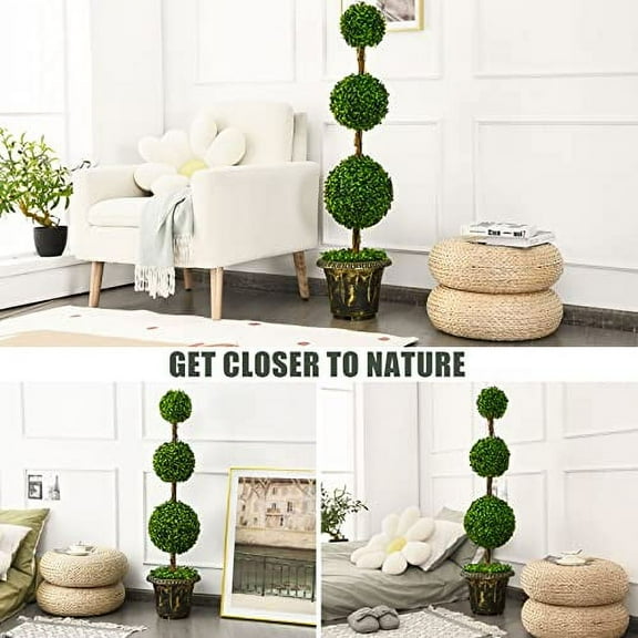GORELAX 4FT Boxwood Artificial Tree, Topiary Triple Balls in Cement-Filled Plastic Pot, Faux Plants for Front Porch, Living Room, Fake Tree Indoor Outdoor