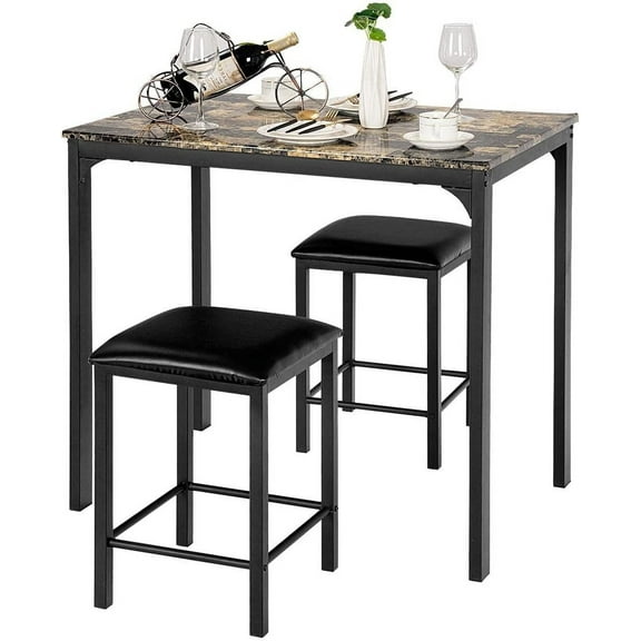 GORELAX Dining Table Set for 2 w/Faux Mable Tabletop and PU Leather Stools, 3 Pieces Table and Chairs, 2 Person Kitchen Table Set for Bistro, Cafe (Beige & Black)