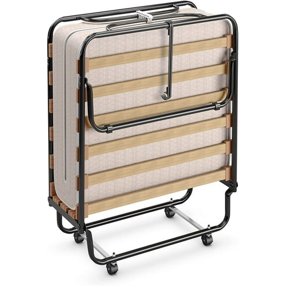 GORELAX Folding Bed with 3 Inch Mattress, Cot Size Small Single Portable Bed Set w/Metal Bed Frame, Foldable Hideaway Bed Cot w/Memory Foam Mattress & Wheels, Rollaway Guest Bed (Beige)