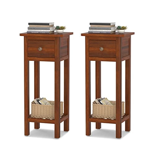 GORELAX Narrow End Table, Tall Nightstand with Drawer & Shelf, Small Bedside Table w/Anti-Tipping Device, No Assembly, Wooden Small Sofa Side Table for Small Space, Living Room, Be