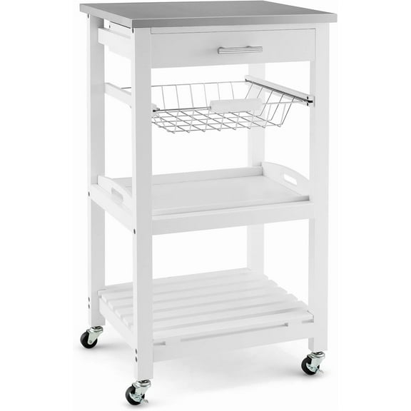Hanyu Wooden White Small Kitchen Trolley Cart with Wheels, 4 Tier Rolling Cart with Drawer, Utility Coffee Cart, Kitchen Island Cart w/Stainless Steel Tabletop for Dining Room