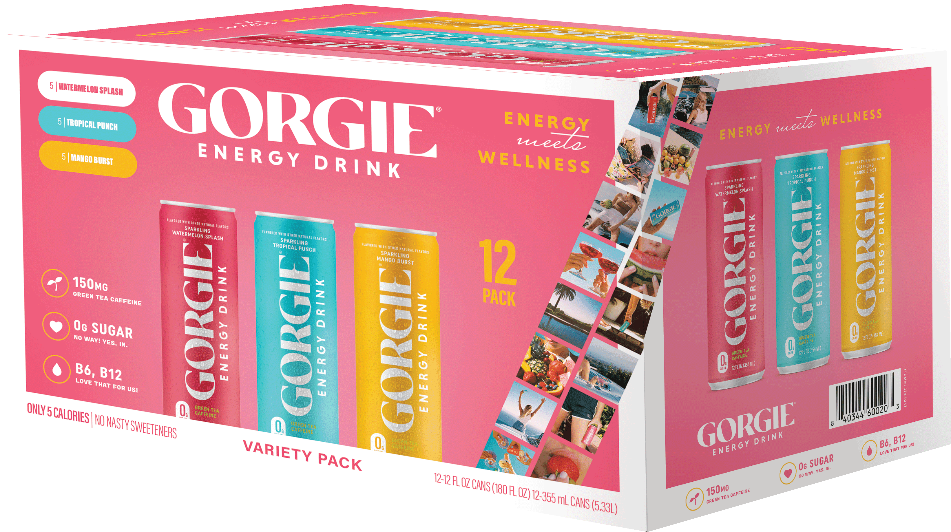 GORGIE Sparkling Energy Drink Variety Pack, 0 Sugar, Natural Caffeine from Green Tea, 12 fl oz (Pack of 12)