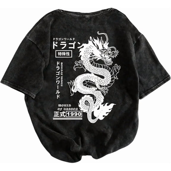 GORGLITTER Women's Dragon Graphic T Shirt Y2k Washed Short Sleeve Crew Neck Summer Tees