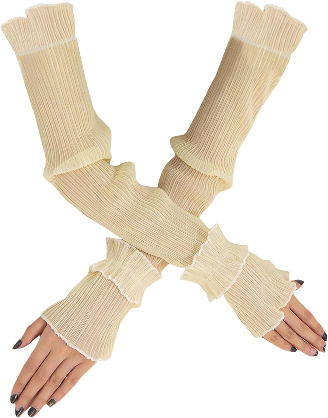 GORGLITTER Women's Mesh Sheer Ruched Arm Sleeves Ruffle Hem Gloves ...