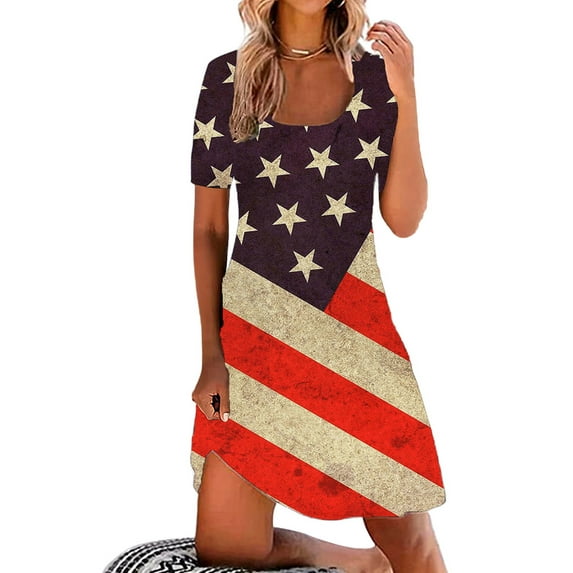 GORHGORH Independence Day Women American Flag Printed Short Sleeve T-Shirt Dress