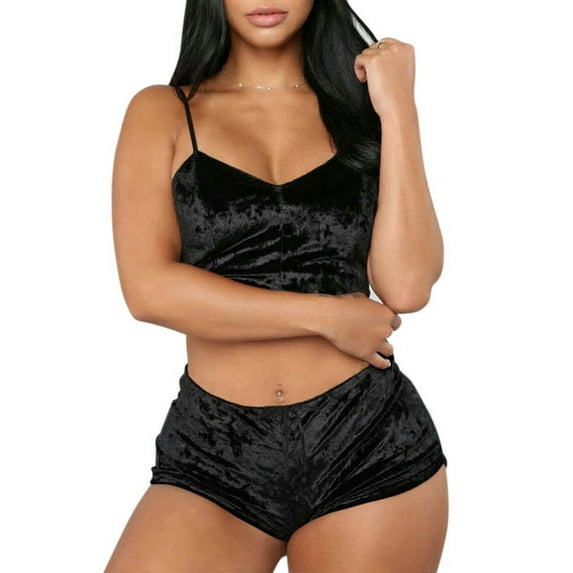 GORHGORH Sleepwear Solid Color Stretchy Velvet Bralette Crop Top Shorts Pajamas Nightgown Sets